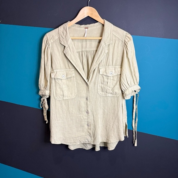 Free People Green Relaxed Linen Blend Button Down Top size Large - Picture 3 of 12